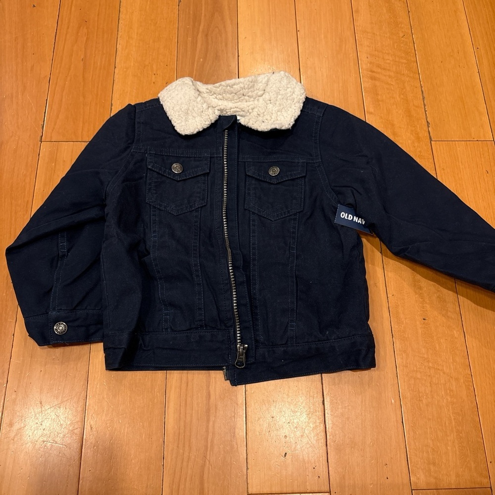 Old Navy Kids Dark Blue Jean Jacket with Cream Sherpa Collar